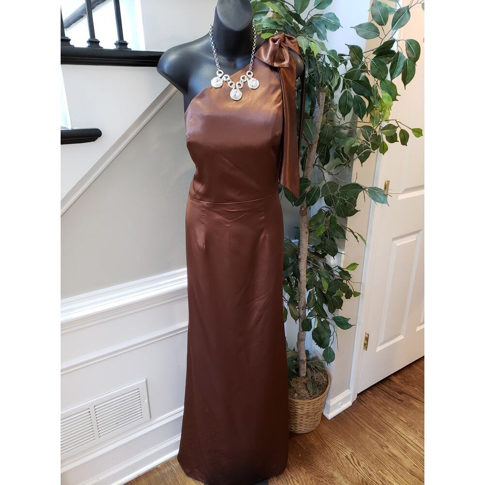 Hebeos Long Maxi Dress Womens Medium Brown Formal Bow Satin One Shoulder Off